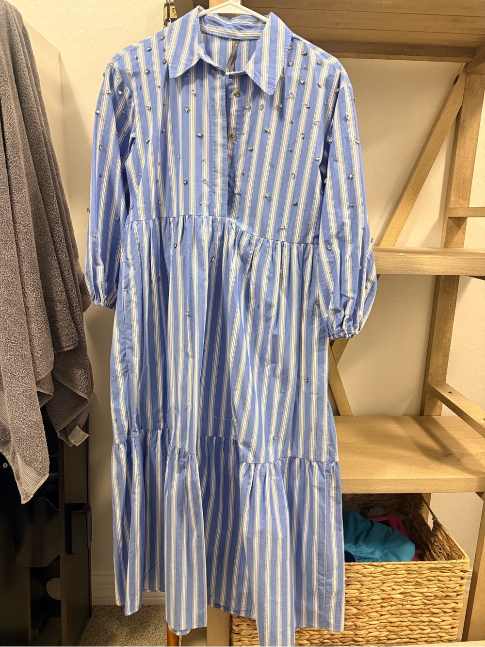 Anthropologie Blue & White Striped Tiered Shirt Dress with Embellishments